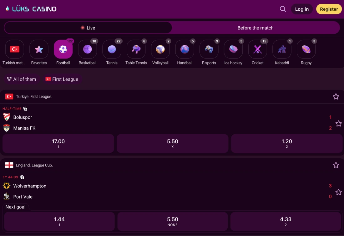 Lüx Casino sports betting lobby view A sports betting screen showing ongoing football matches with live odds
