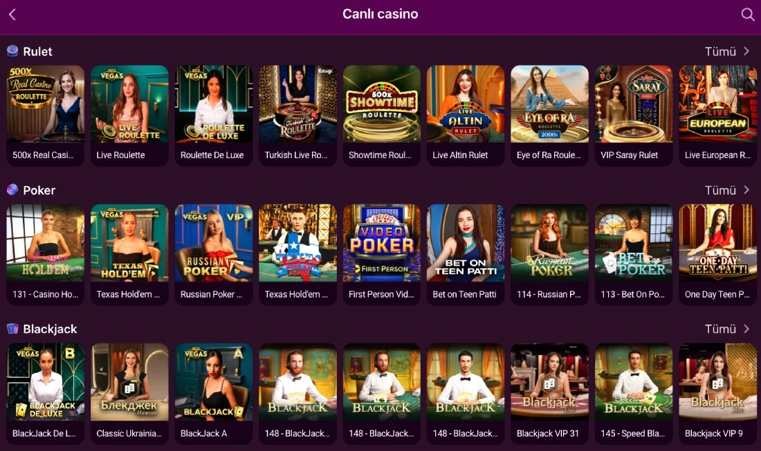 Lüx Casino live dealer lobby view A live casino lobby screen with Roulette, Poker and Blackjack headings