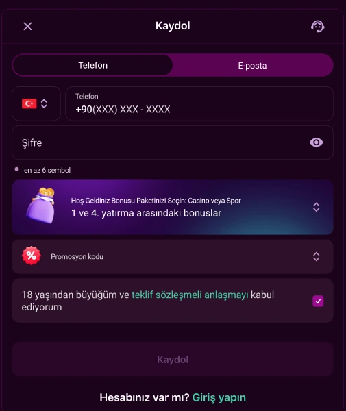 Lüx Casino account sign-up form view An account sign-up form with phone, password and welcome-package fields